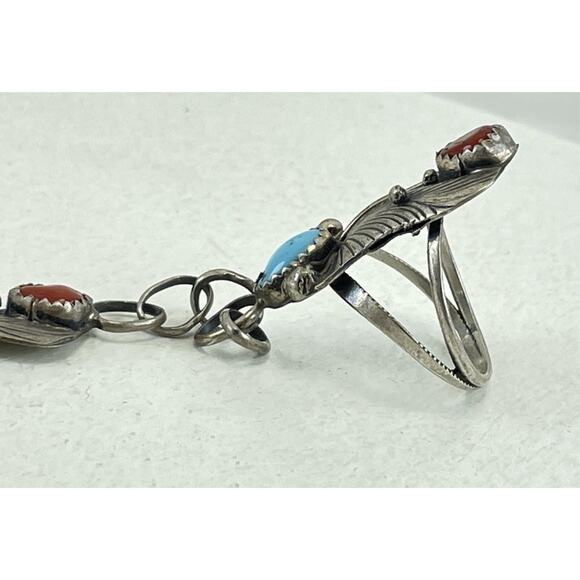 VTG Native American Slave Cuff Bracelet Ring Coral Turquoise on Sterling Silver - Picture 11 of 16